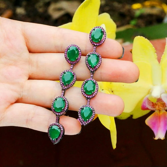 Green Hot Pink CZ Stone Long Dangling Drop Earrings for Fiancee Banquet Dinner