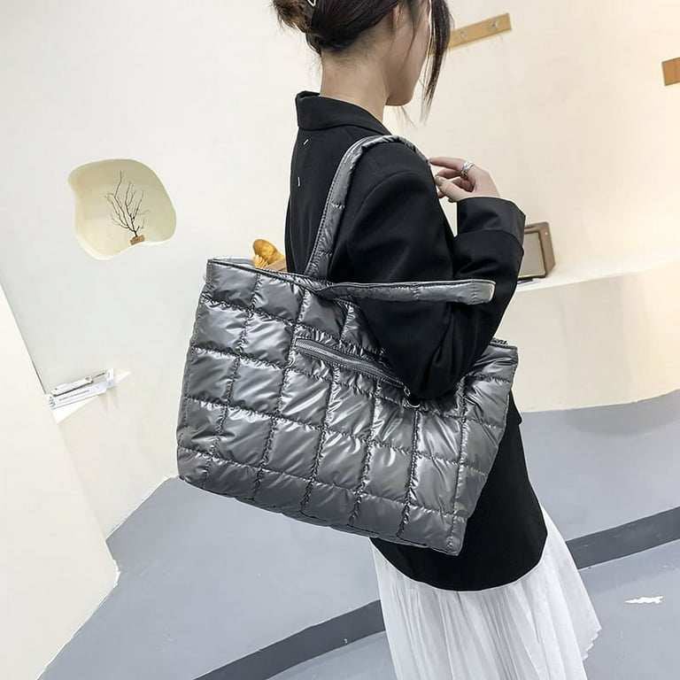 CoCopeaunt Down Feather Pad Women Shoulder Bag Silver Big Tote Bags Female  Plaid Quilted Shopper Bag Winter Large Space Cotton Lady Handbag 