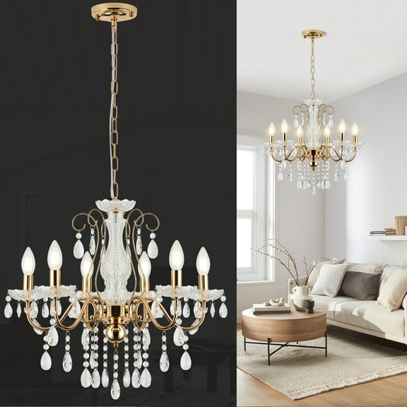 Modern K9 Crystal Chandelier,Gold 6 Lights Crystal Pendant Light High 18.9 in x Diameter 21.65 in for Dining Rooms Bedroom Kitchen Island Entryway