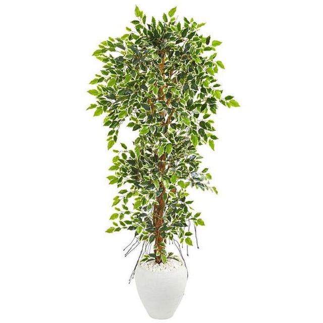 Nearly Natural 9407 5.5 in. Elegant Ficus Artificial Tree in White Planter
