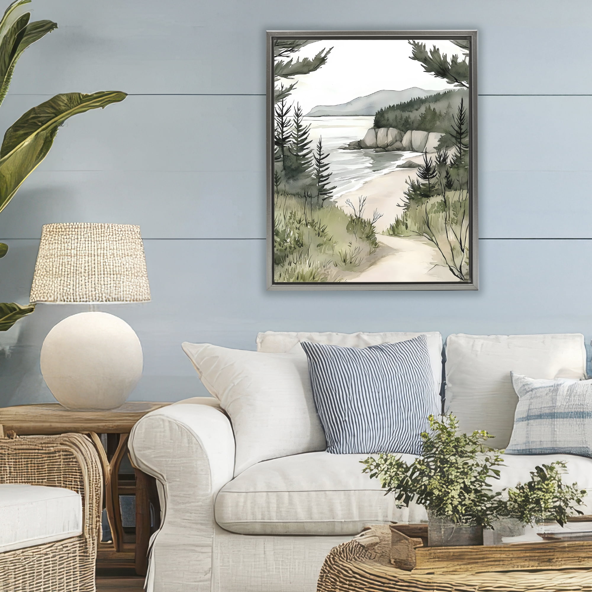 Stupell Industries Coastal Calm Winding Path Gray Framed Floater Canvas Wall Art, design by Riley B