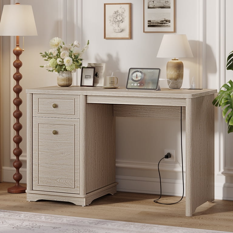 Bestier 47" Computer Desk with Power Outlets, Light Oak photo 1