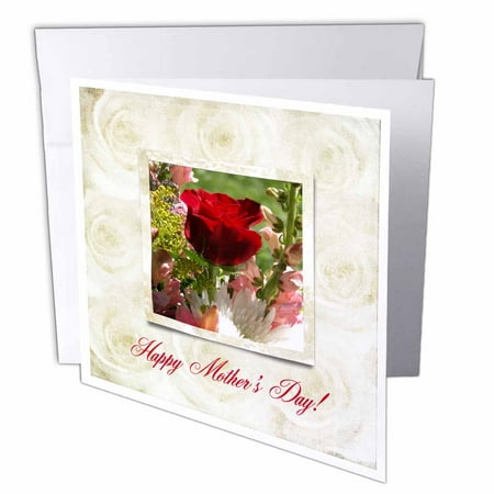3dRose Red Rose in Bouquet of Flower in Cream Rose Frame, Happy Mothers Day, Greeting Cards, 6 x 6 inches, set of