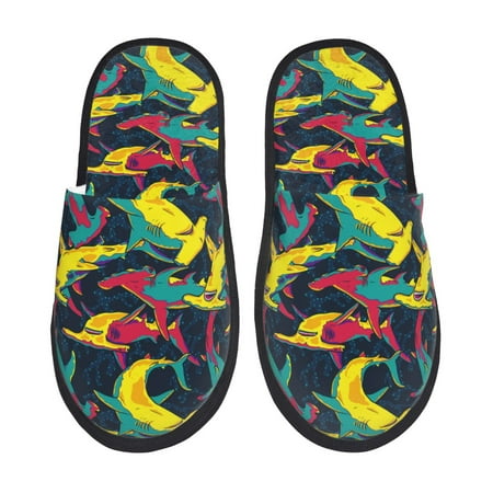 Balery Colorful Sharks Slient Indoor Furry Fleece Comfort House Shoes Soft Non-Slip Home Shoes Cotton slippers House Slippers-- Large