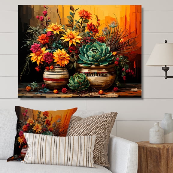 Designart "Blooms of Boho Mexican Pottery" Geometric Wall Art - Bohemian Red Boho Pottery Entryway Wall Art Print