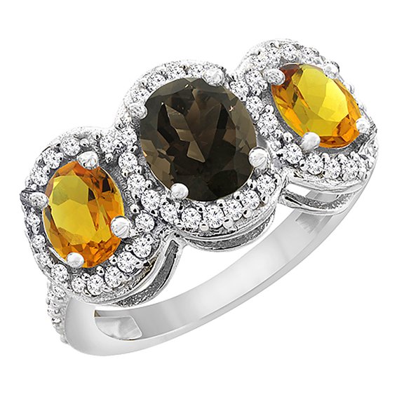 10K White Gold Natural Smoky Topaz & Citrine 3-Stone Ring Oval Diamond Accent, size 10