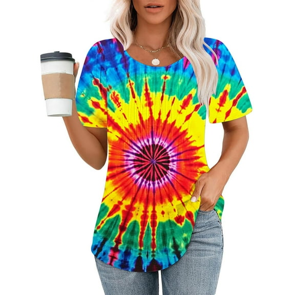 Munlar Tops for Women Trendy Spring Blouses Tie-dye Loose Short Sleeve Crew Neck Shirts L