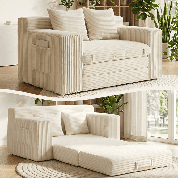 Boneless Couch ,3-in-1 Convertible Couch Bed with Side Pockets & Handle,Pull Out Corduroy Futon ,No Assembly, Beige