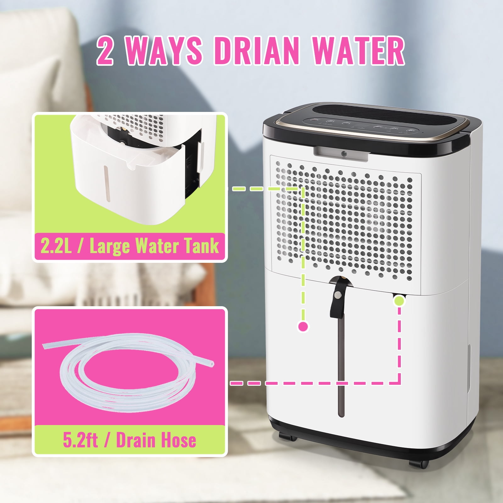 TACOOL Home Dehumidifier 20Pints for Basement with Handle, Drain Hose, 3 Operation Modes