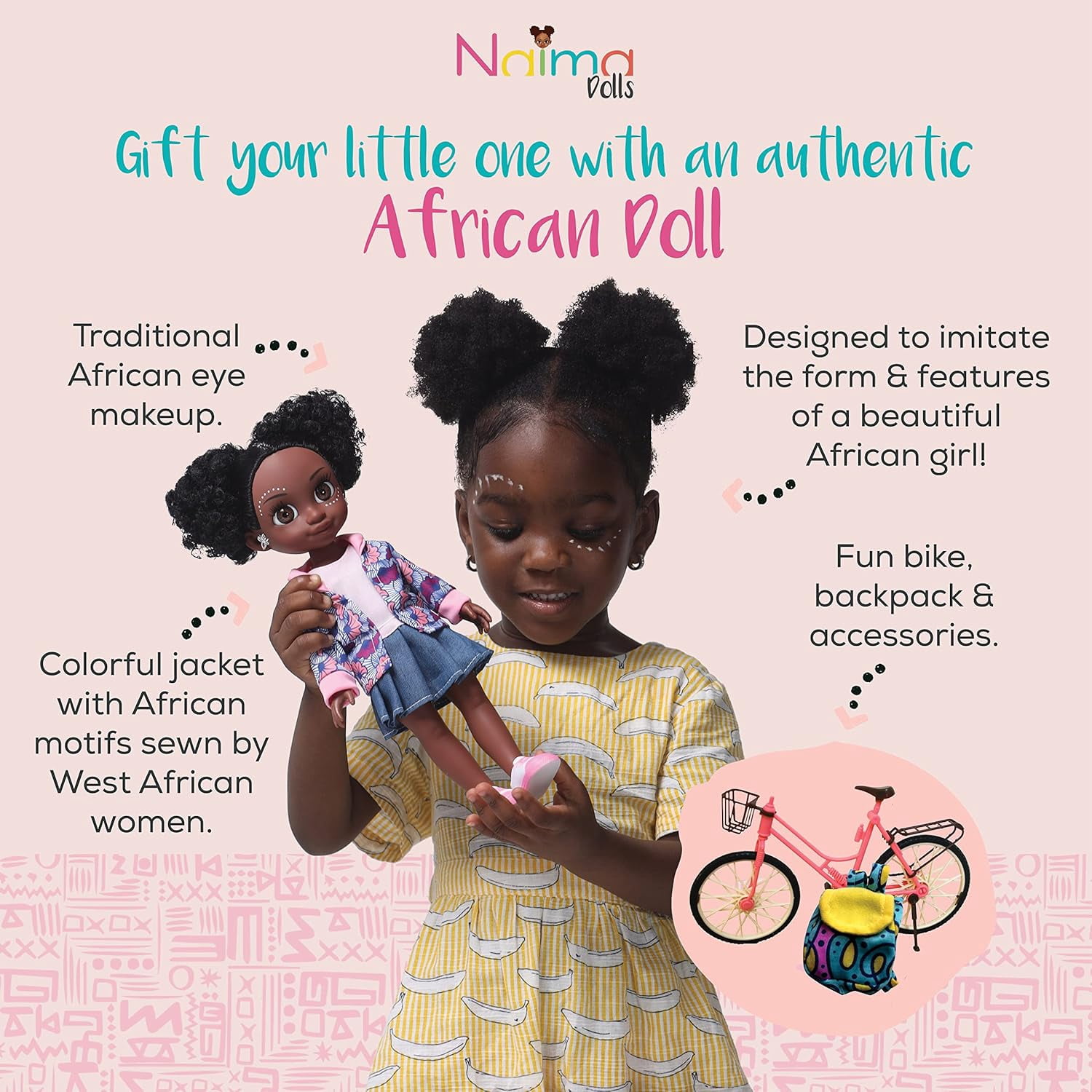 African American Barbie Doll with Realistic Natural Hair wearing African Clothing for Age 3+ by NaimaDolls