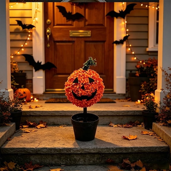 Artificial Pumpkin Topiary, Brown Boxwood Potted , Halloween Thanksgiving Tabletop Accent, Fall Foliage Decor