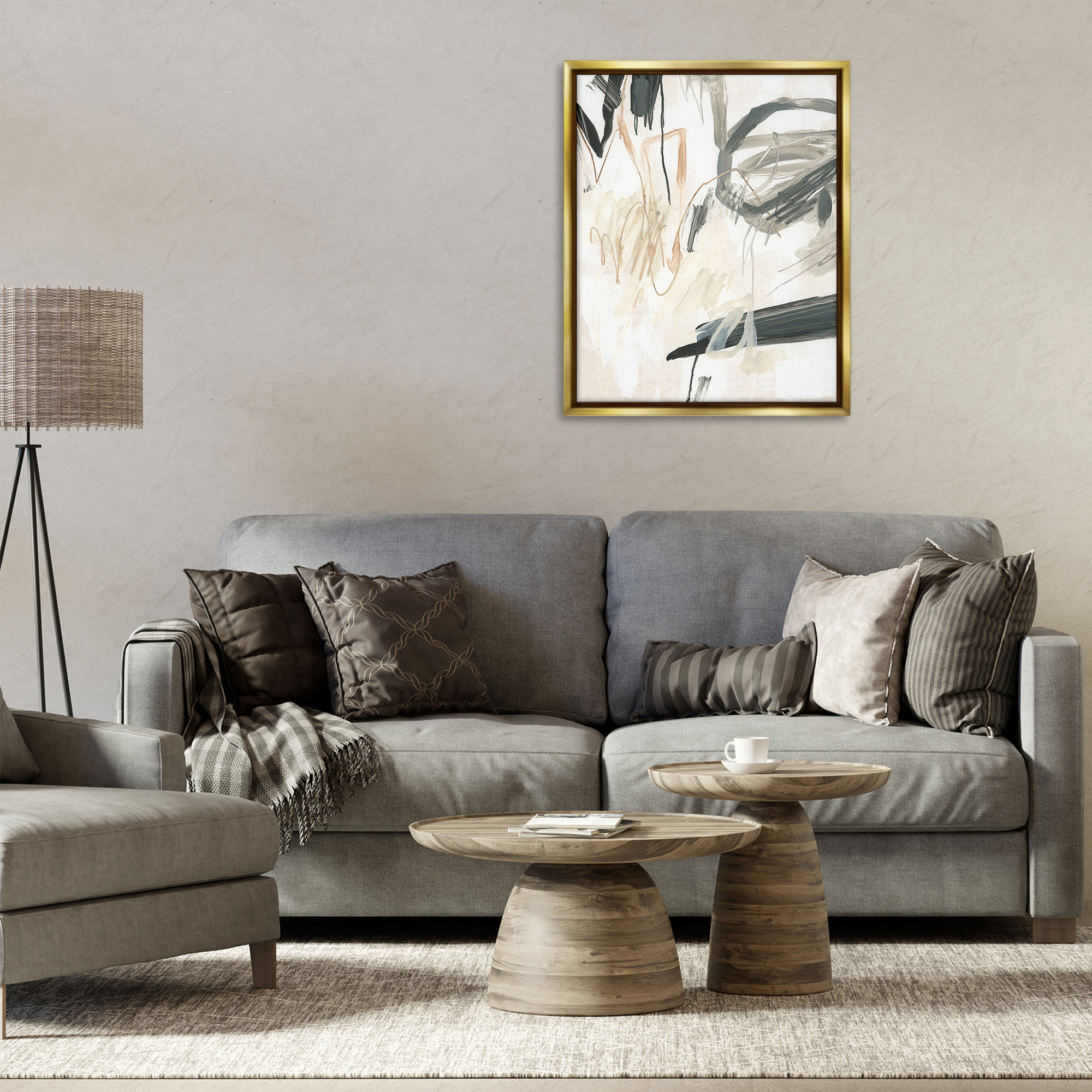 Stupell Industries Scribbled Abstract on Beige Abstract Painting Gold Floater Framed Canvas Art Print Wall Art, 25 x 31