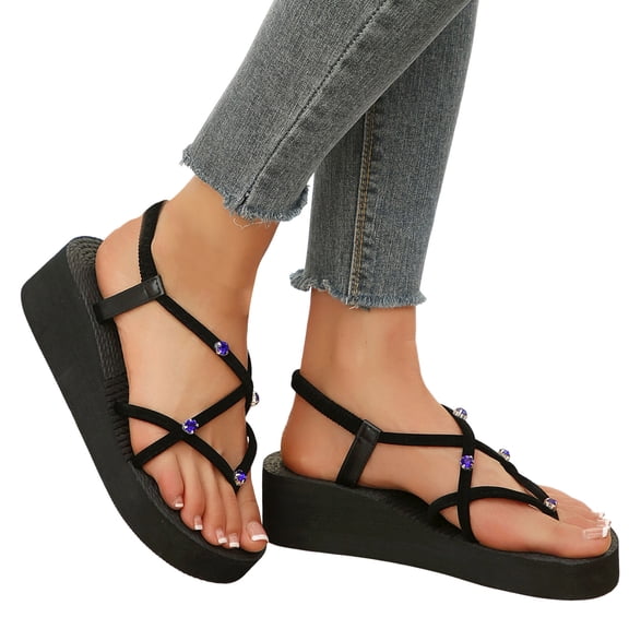 Rokment Womens Sparkly Rhinestones Memory Foam Flip Flops Lightweight Stylish Casual Platform Wedge Strappy Sandals Comfortable Chunky Heeled Dressy Slingback Summer Shoes Black Blue Size 6