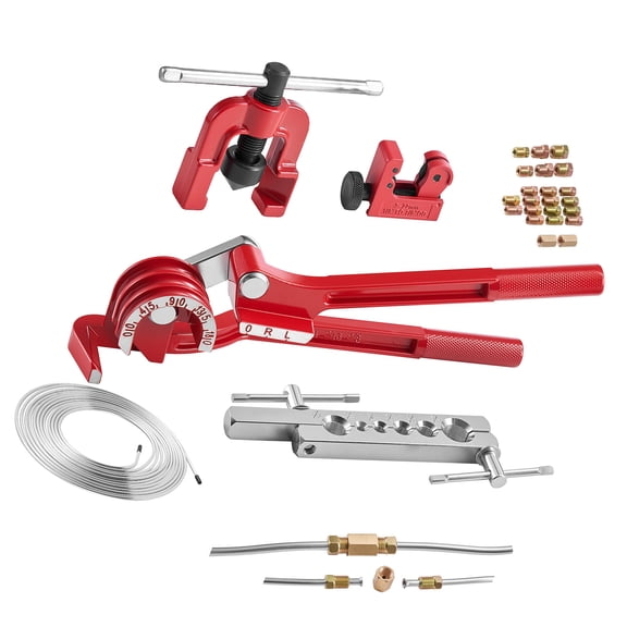KFFKFF 3/16" Brake Line Repair Kit with 45° Single Flaring Tool, 25FT Copper-Coated Brake Line, 20 Fittings, 2 Unions, 3-in-1 Tube Bender (1/4", 5/16", 3/8"), and Tube Cutter