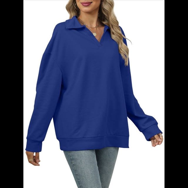 de Larga con Cuello en V para Mujer, Sudaderas Ligeras, Ropa de Moda de Otoño 2025. Azul Real XXL