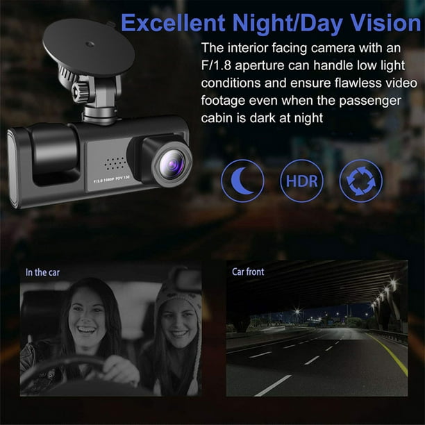 Suokom Dashcam 3 canaux Dash Cam avant et arrière à l'intérieur 1080P  caméra de tableau de bord pour voitures Dashcam caméra de voiture à trois  voies avec enregistrement en boucle de vision