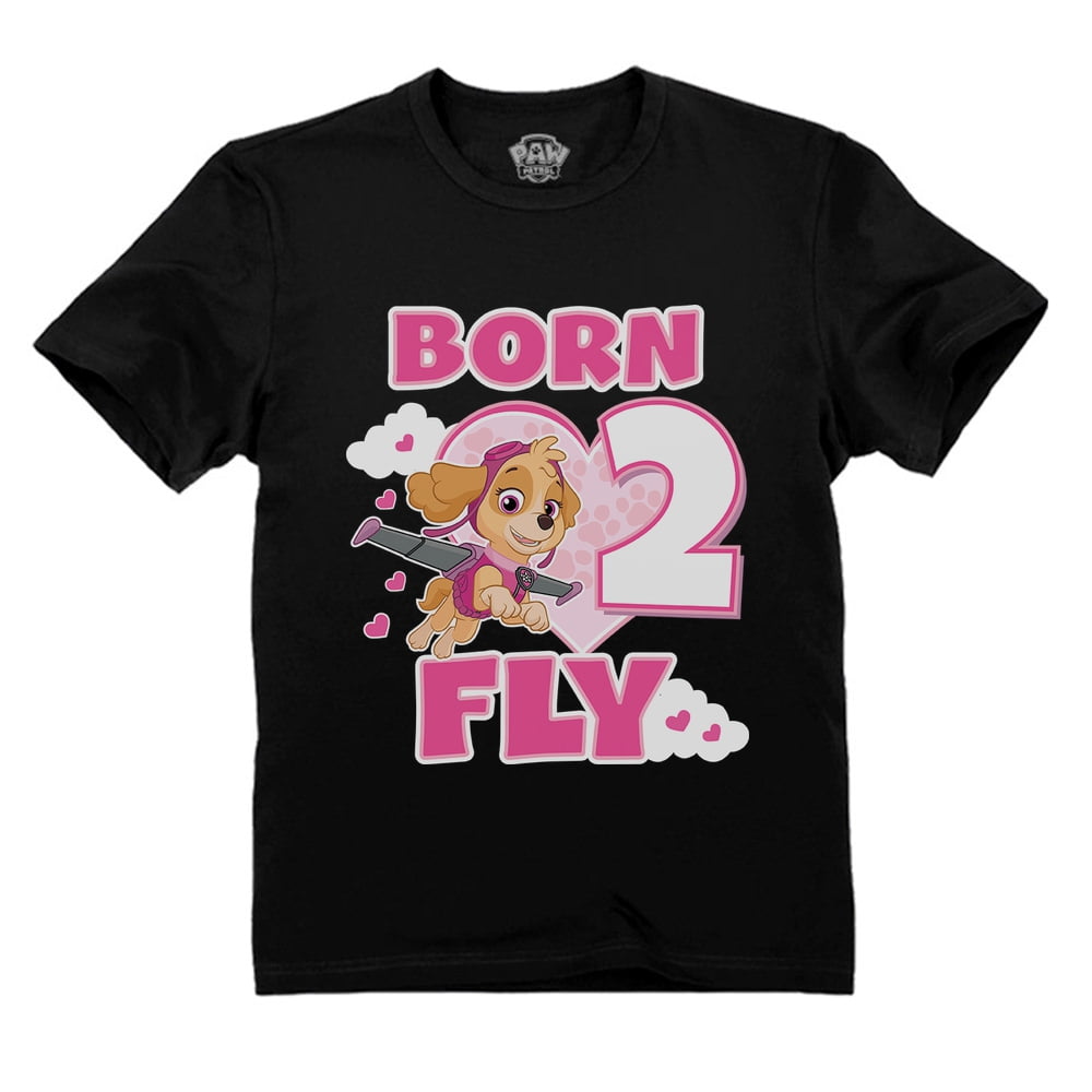 Tstars Girls 2nd Birthday Gift Tshirt Birthday Gift for 2 Year Old Paw Patrol Skye Born 2 Fly Birthday Shirts for Girl Graphic Tee 2nd Birthday B Day Birthday Party Toddler Kids T Shirt