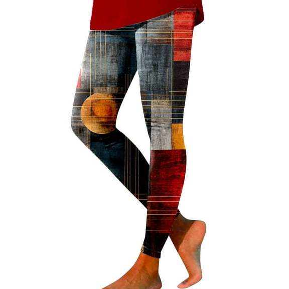 Fiaer Women Leggings Ethnic Geometric High Waist Stretchy Workout Pants Comfy Plus Size Color Blocking Trendy Yoga Trousers Red XL