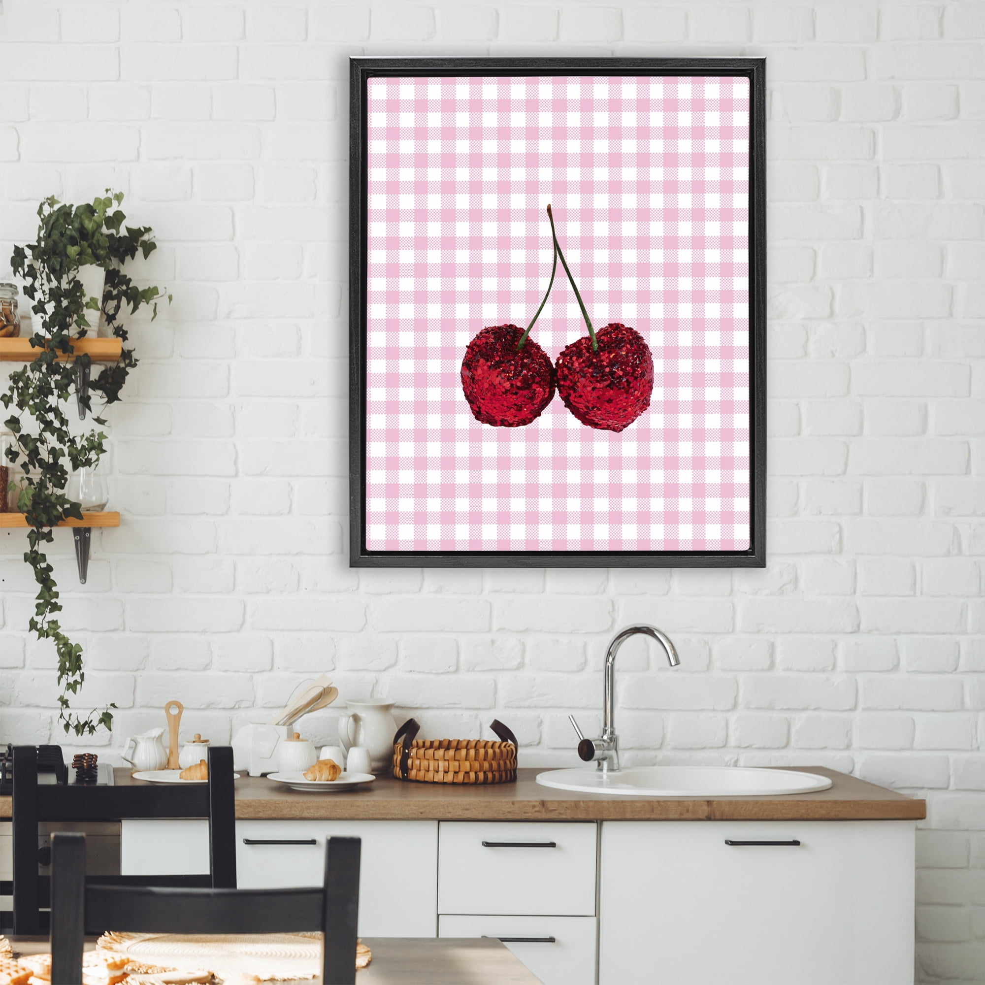 Stupell Industries Glitter Cherry on Pink Gingham Black Framed Floater Canvas Wall Art, design by LISH Creative
