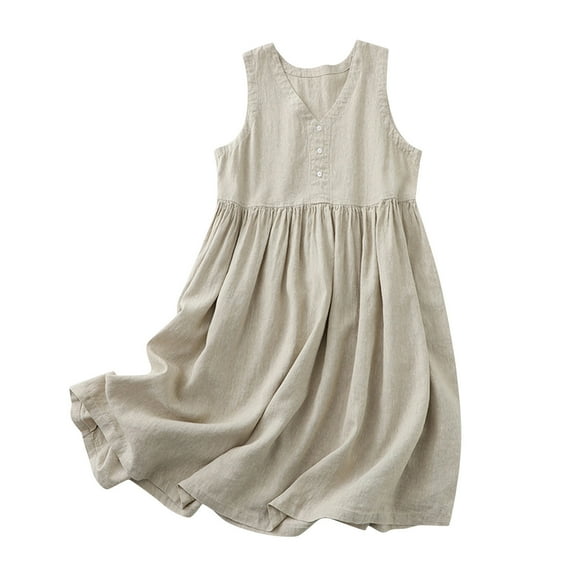 XuJwPNcy Summer Dresses for Women Sleeveless Cotton Linen Tshirt Dresses Casual V Neck Button up Tank Dress