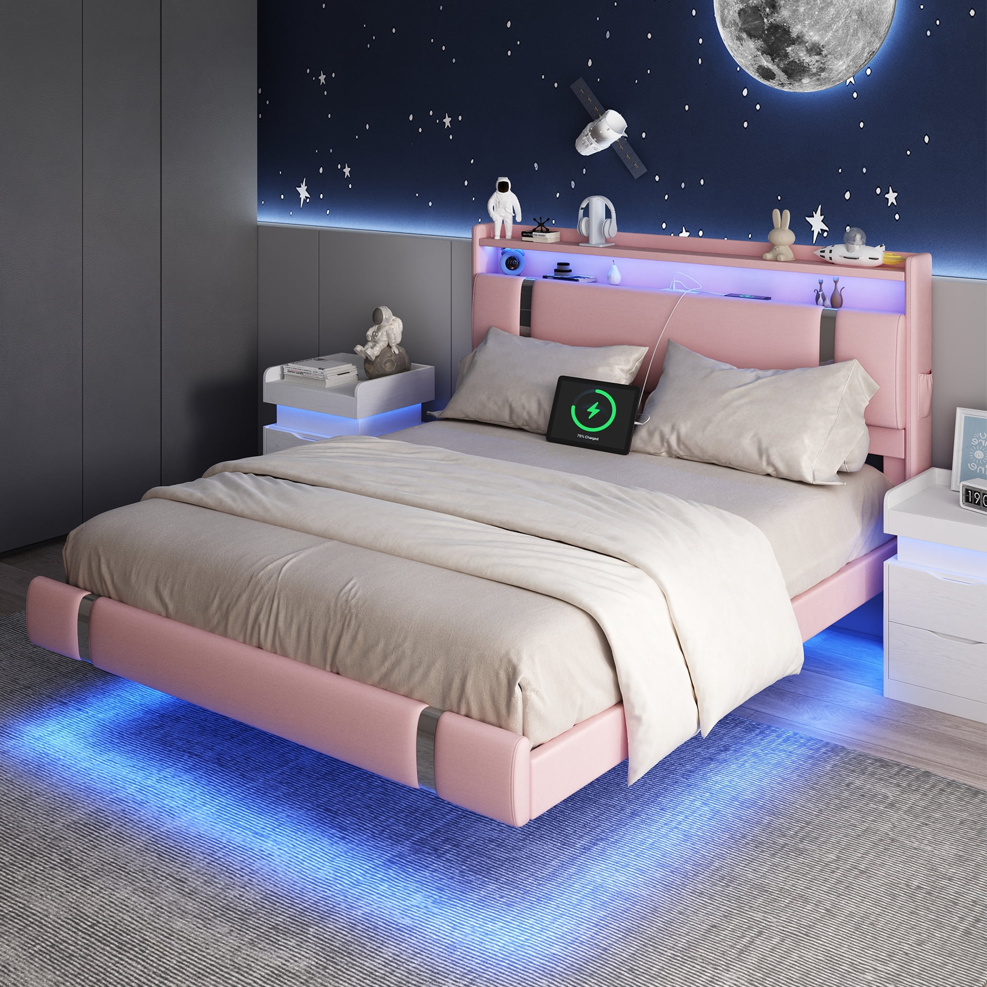 IDEALSOUL Queen Size Floating Bed Frame with Upholstered Storage Headboard, Metal Platform Bed with Charging Station & LED,No Box Spring Needed,Easy to Assemble (Queen,Pink)