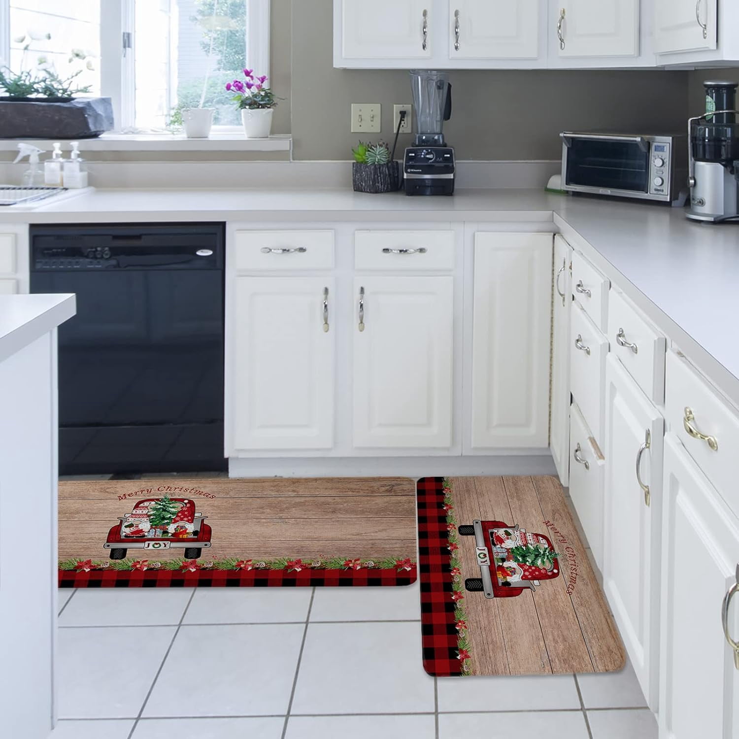 Kitchen Rug Mat Christmas Truck Gnome, Set of 2, Anti-Fatigue Non-Skid Washable Kitchen Runner Rugs, Buffalo Check Wood Soft Comfort Rug for Kitchen, Floor Home, Front of Sink, Laundry