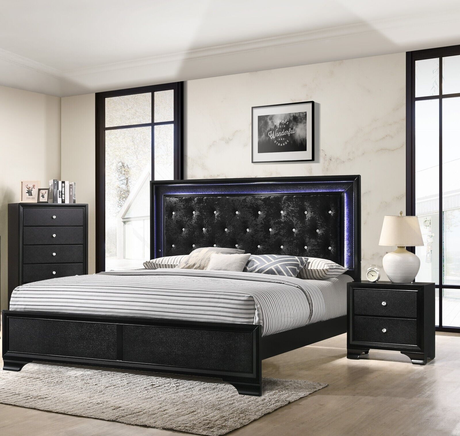 Modern 3pc King Size Upholstered LED Backlit HB Black Bed Chest