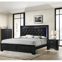 Modern 3pc King Size Upholstered LED Backlit HB Black Bed Chest Nightstand Set Bedroom Furniture