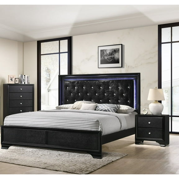 Modern 3pc King Size Upholstered LED Backlit HB Black Bed Chest Nightstand Set Bedroom Furniture