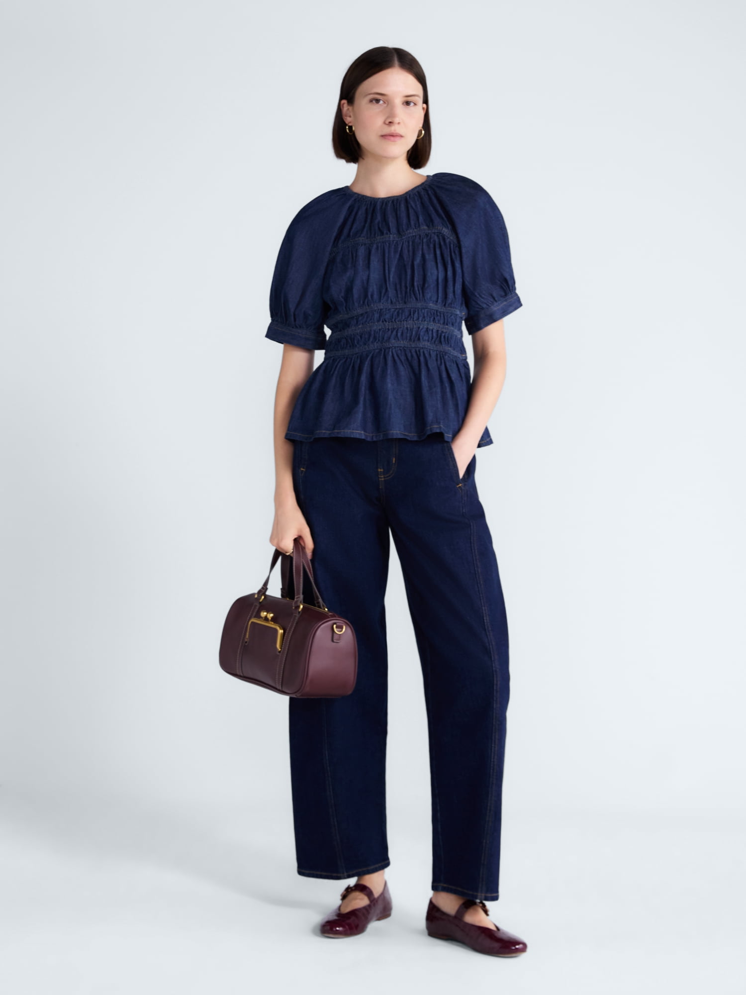 Free Assembly Women's Smocked Denim Top with Peplum Hem, Sizes XS-XXL