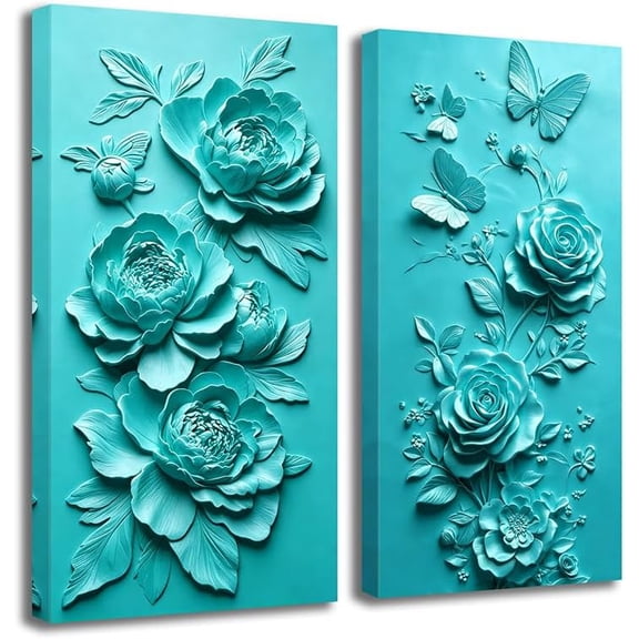 CCWACPP Rose Butterfly Canvas Wall Art Teal 2 Piece Pictures Relief Floral Painting 3D Print Wall Decor Textured Living Room Bedroom Home Decor Framed (8.00" x 16.00" x 2PCS)