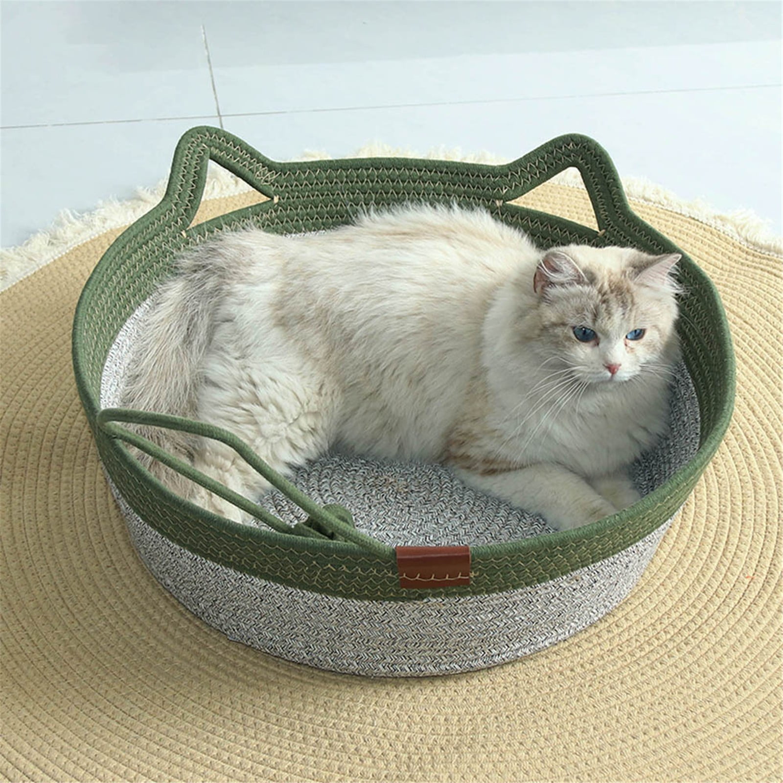 Woven Cat Bed, Woven Rope Cat Bed with Cat Ears, All Season Breathable Pet Bed for Cats Small Dogs, Washable Round Basket Style Cat House, Grey