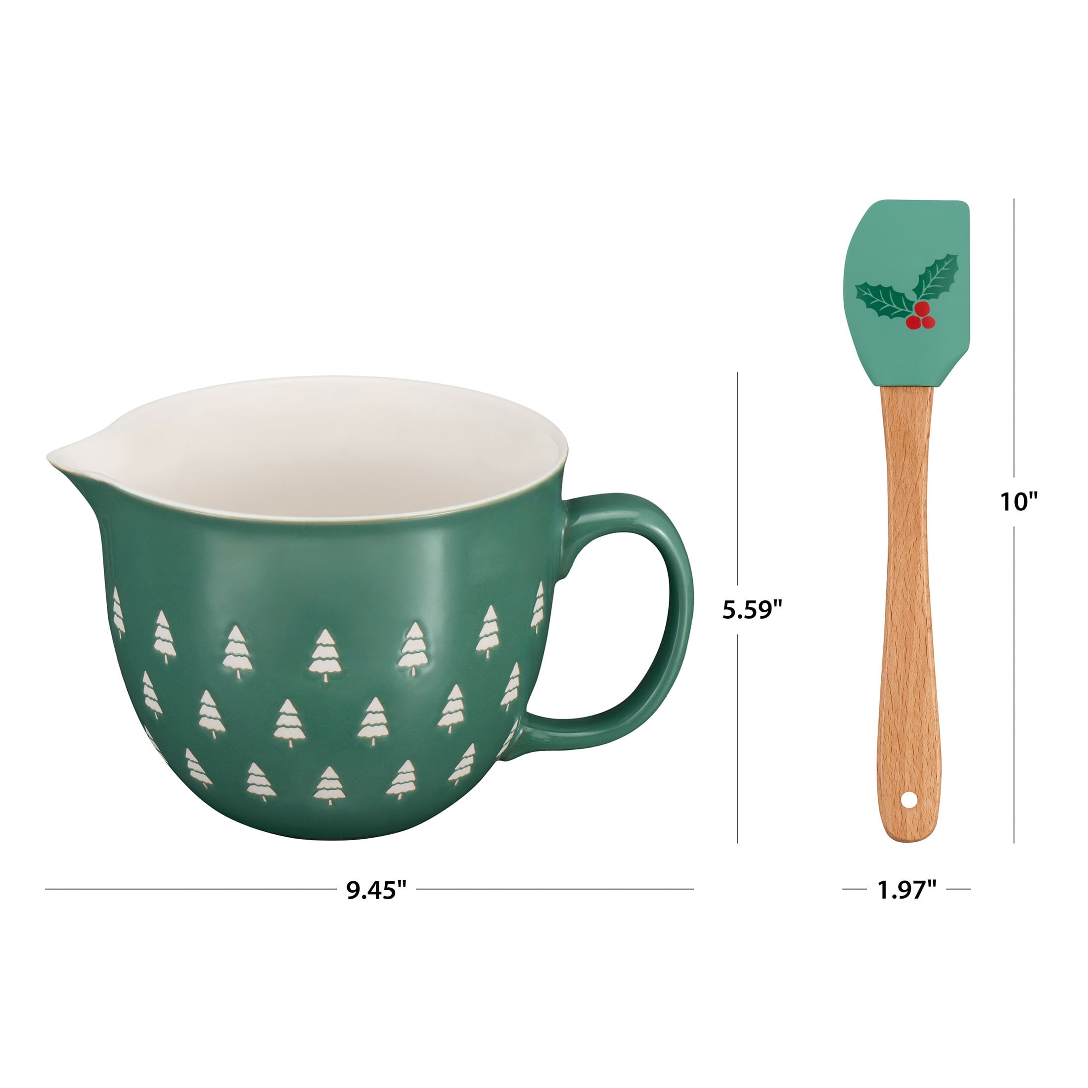 (2 pack) Holiday Time 2-Piece Trees Glazed Stoneware Batter Bowl & Spatula Set, Multicolor