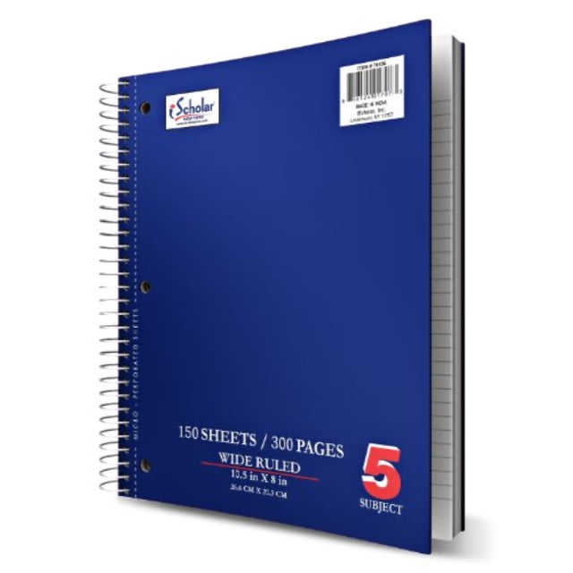 ischolar 5subject wirebound notebook, 150 sheets, wide ruled, 10.5 x 8inches, cover color may