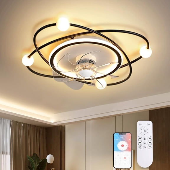 RRBEST Modern Ceiling Fan with Lighting, 58 Cm Dimmable LED Ceiling Lamp with Fan, 48 W Timer Ceiling Fan with Lamp for Living Room or Dining Room (black)