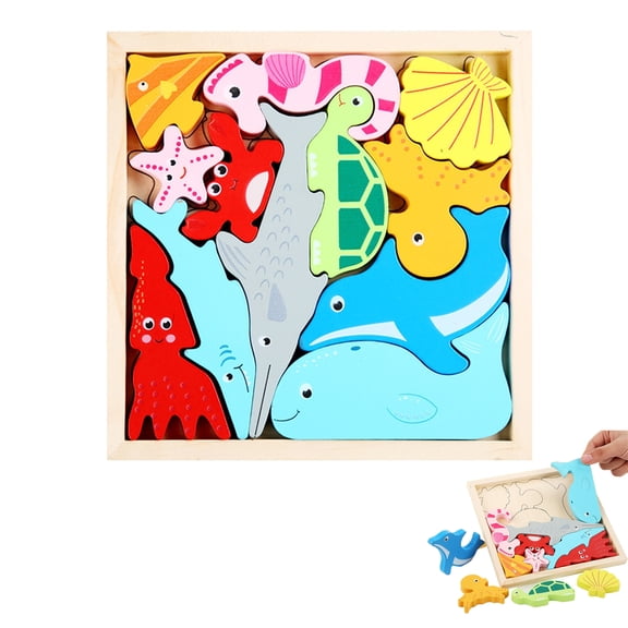 Wooden Ocean Animal Chunky Puzzle Set for Toddlers Age 3 , Montessori Preschool Learning Toy, Shape Color Cognition Fine Motor Game, Screen-Free Christmas Stocking Stuffer Gift for Boys Girls Kids