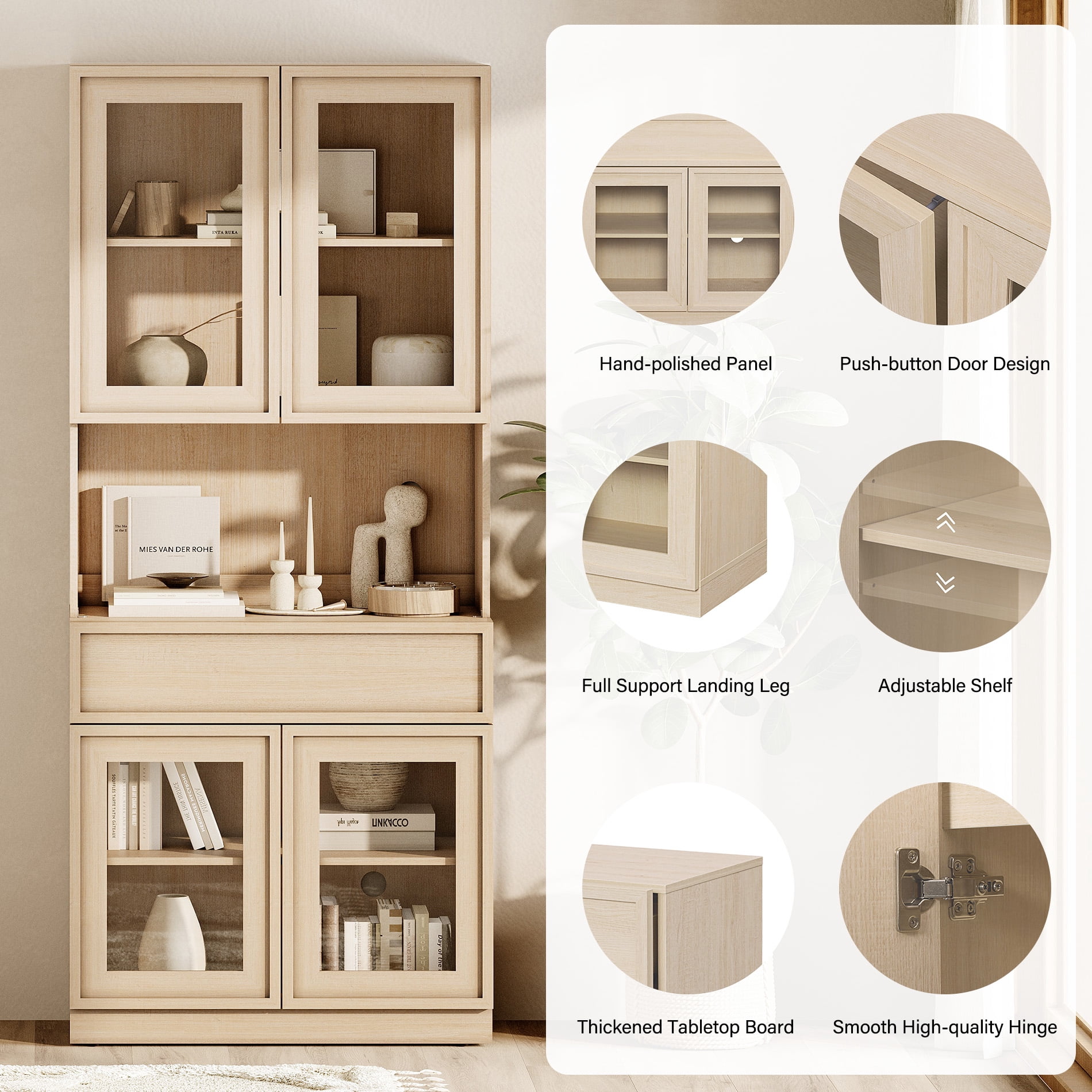 Modern 72"Tall Sideboard, Wood Buffet Display Cabinet with Glass Doors, Drawers and Adjustable Shelves, Multi-Layer Storage Console for Dining Room,Living Room,Entryway,Beige