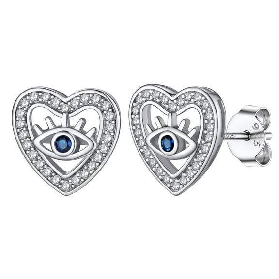 Silvora Evil Eye Heart Stud Earrings 925 Sterling Silver Earrings Third Bule Eye Ear Studs for Women