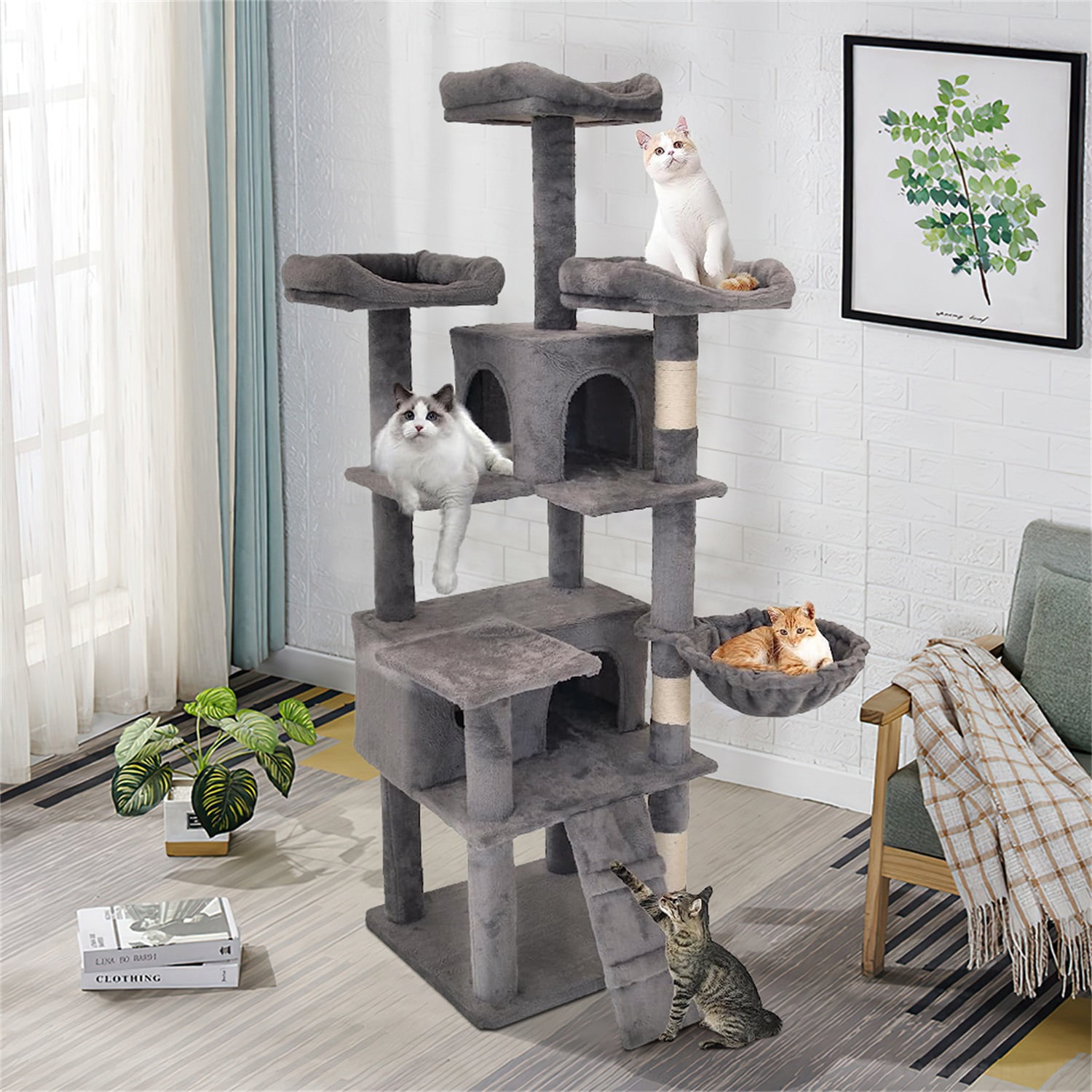 Pefilos 68 Inches Cat Trees Towers with Scratching Posts Condos Hammock Resting Perch, Indoor Play House for Large Cats Kitty Kitten, Gray Pefilos 68 Inches Cat Trees Towers with Scratching Posts Condos Hammock Resting Perch, Indoor Play House for Large Cats Kitty Kitten, Gray