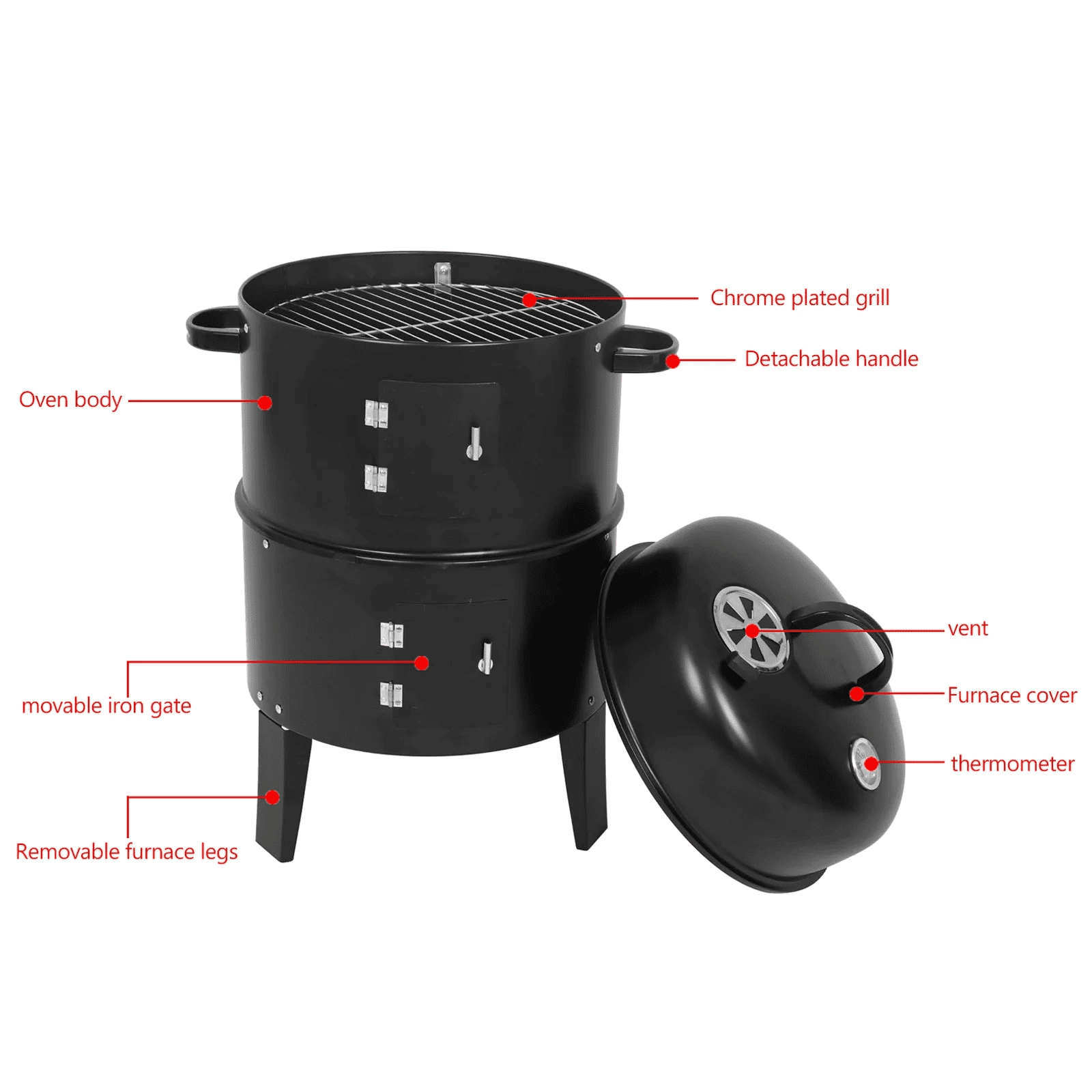 Vertical Charcoal BBQ Smoker, 3-in-1 16" Round Charcoal Barbecue Grill with 2 Cooking Area, and Thermometer for Outdoor Camping Picnic Backyard Cooking, Black