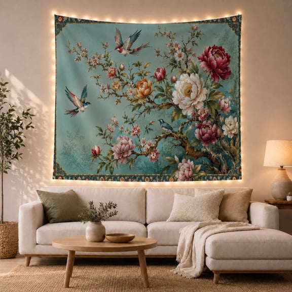 Floral Garden Traditional with East Asian Bird Flower, Nostalgic Vintage for Botanical Art Lovers, Botanical Wall Art, Mother'S Day Gift, Tapestry Wall Hanging for Bedroom and Dorm