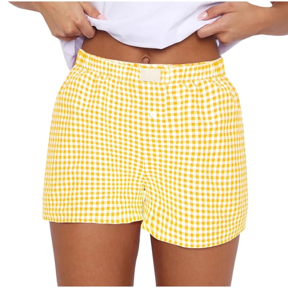 Lenpel Boxer Shorts for Women Summer Elastic High Waisted Plaid Sleep Lounge Shorts Casual Beach Shorts