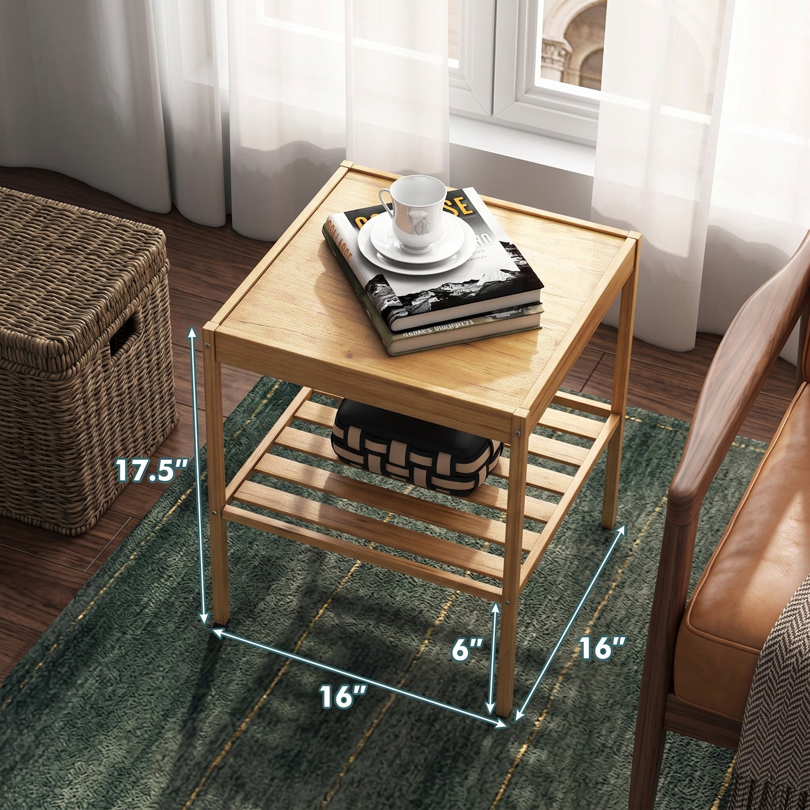 Furnibear 2 Tier Bamboo Nightstand Set of 2 with Open Shelf and Solid Tabletop for Bedroom and Living Room, Wood End Table, Natural