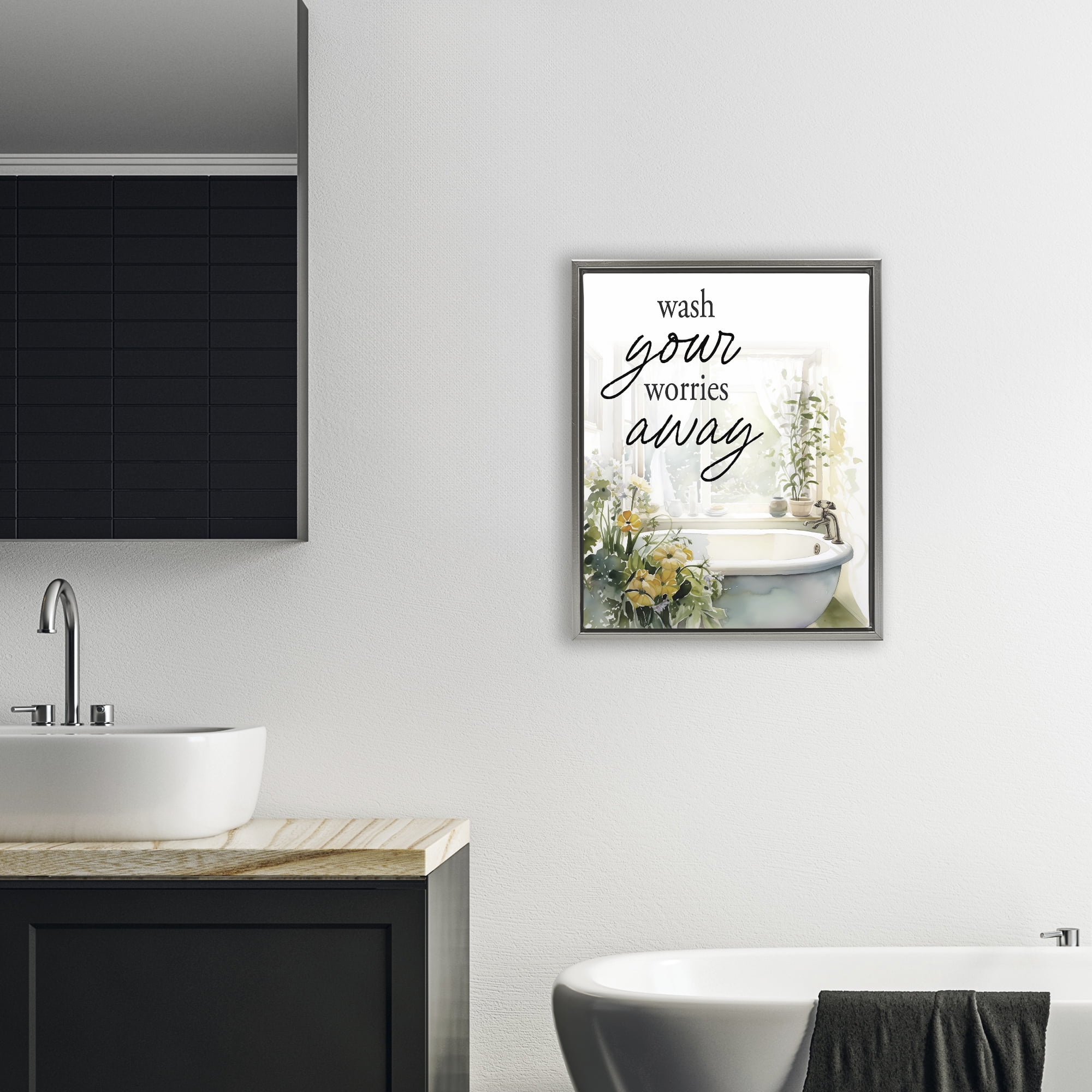 Wash Worries Away Sunlit Bath Gray Framed Floater Canvas Wall Art, design by Lettered and Lined