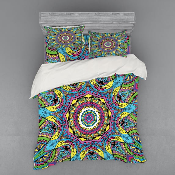 Ambesonne Retro Bedding Set 4 Pcs, Abstract Hippie Forms, Queen, Multicolor