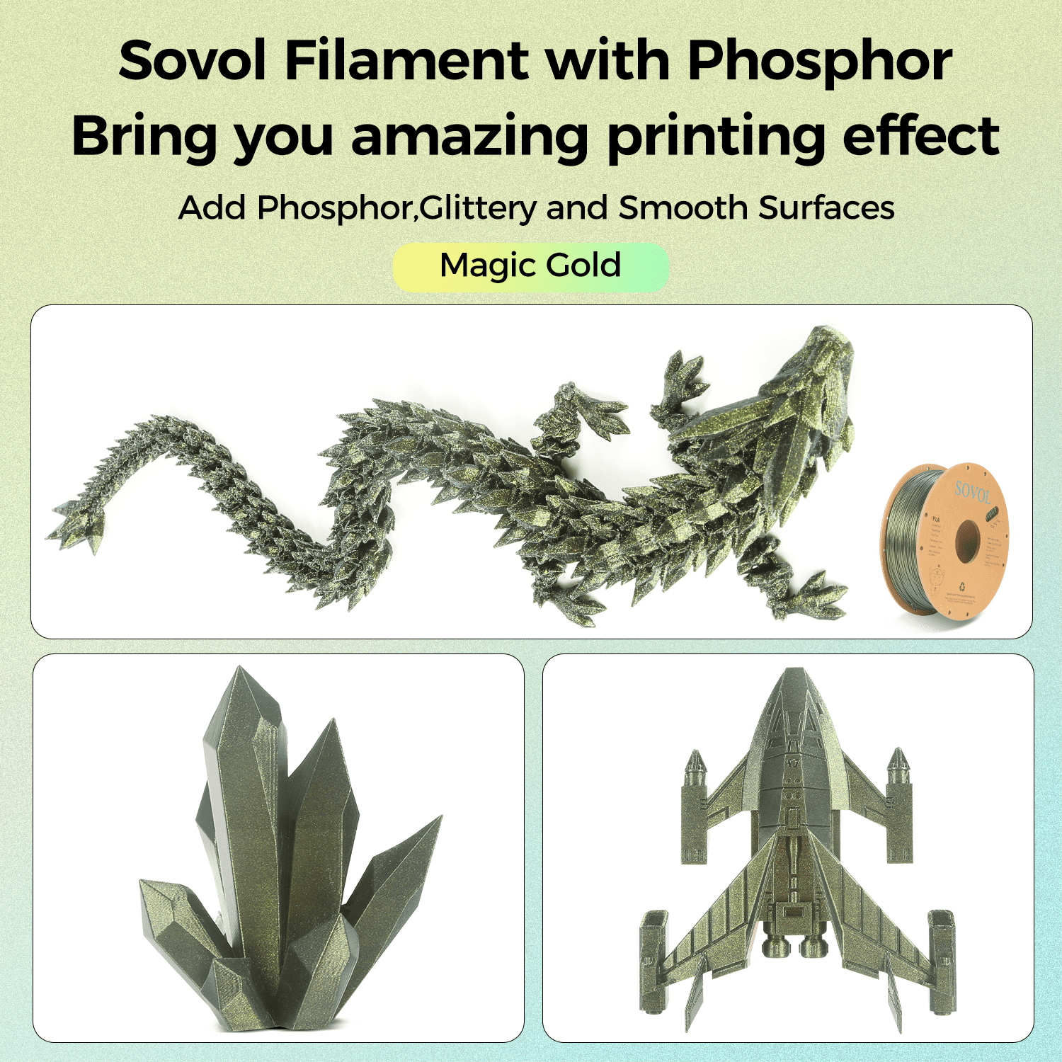 Sovol Silk PLA Filament with Gold Glitter 1kg 1.75mm, Color Changeable 3D Printer Filament 2.2lbs, Chameleon Shiny PLA Material +/-0.03mm, Shimmering 3D Printing Filament, Galaxy Gold