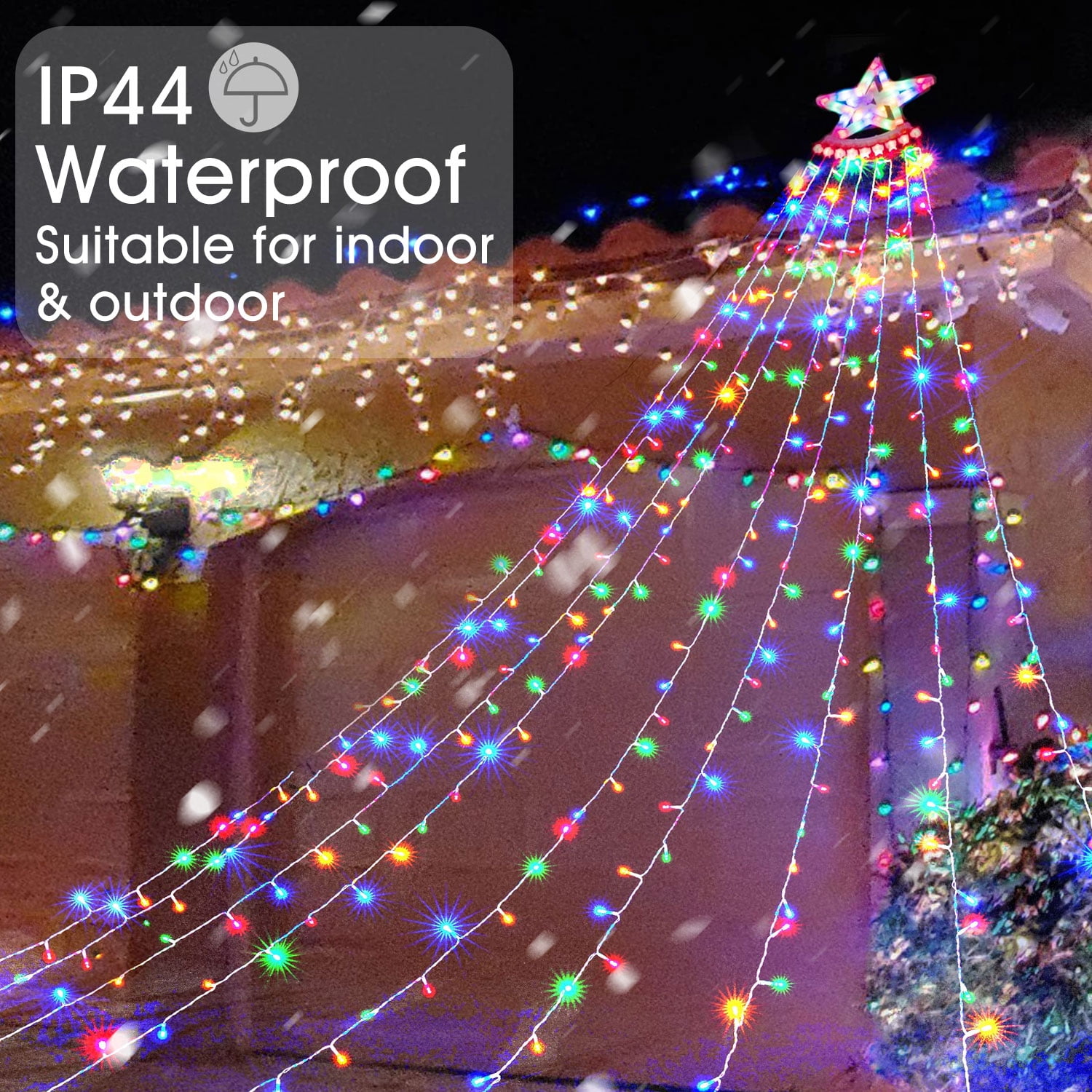 Qunler Outdoor Christmas Decoration Lights, 8 Modes & 350 LED Christmas String Waterfall Fairy Tree Lights Indoor Outdoor Holiday Lighting Decorations, Multicolor, Plug-in