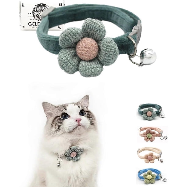 Cat Collar with Flower,Cat Collars for Girl Cats and Boy Cats,Breakaway Cat Collar with Bells,Adjustable Kitten Collar,Cute cat Collar (Green, Breakaw