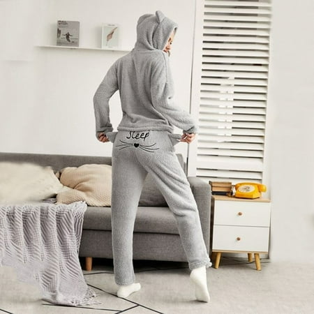 

WANYNG pajamas for women Women s Slim Fit Pure Color Embroidered Hooded Round Neck Pullover Pajamas Casual Pants Sets Long Sleeve Polyester Sleepwear Sets Grey L