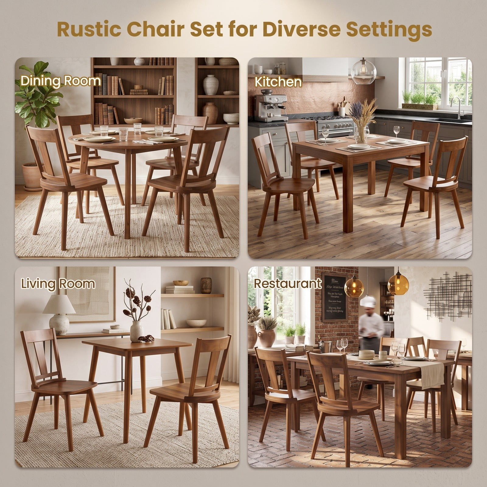 Furnibear Dining Chairs Set of 2 with Solid Rubber Wood Backrest, Ergonomic Slatted Kitchen Dining Room Side Chairs with X-Shaped Base, 400 lbs Capacity, Walnut